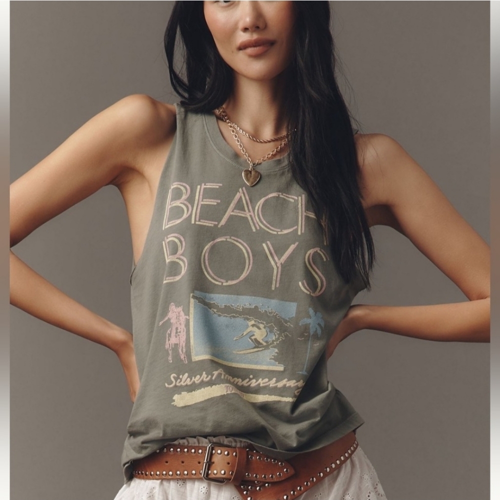 Anthropologie Letluv Beach Boys Olive Green Tank Top Graphic Print Sz S NWT